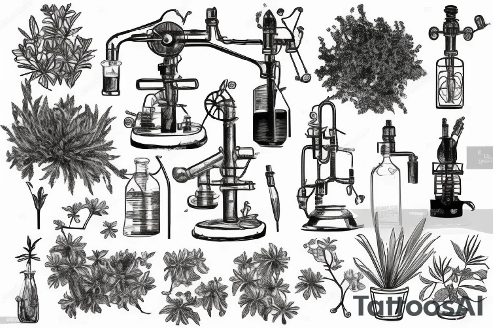 vintage oil well, overgrown and covered in plants, in the style of a vintage scientific drawing tattoo idea