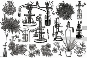 vintage oil well, overgrown and covered in plants, in the style of a vintage scientific drawing tattoo idea