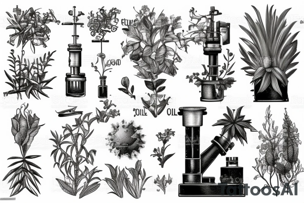 vintage oil well, overgrown and covered in plants, in the style of a vintage scientific drawing tattoo idea