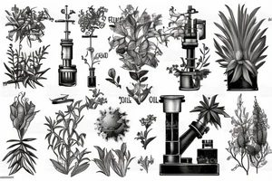 vintage oil well, overgrown and covered in plants, in the style of a vintage scientific drawing tattoo idea
