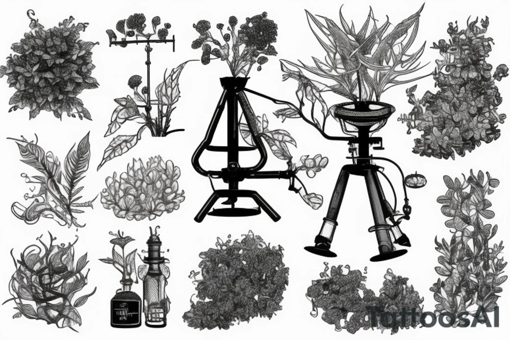 vintage oil well, overgrown and covered in plants, in the style of a vintage scientific drawing tattoo idea
