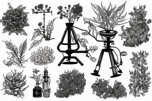 vintage oil well, overgrown and covered in plants, in the style of a vintage scientific drawing tattoo idea