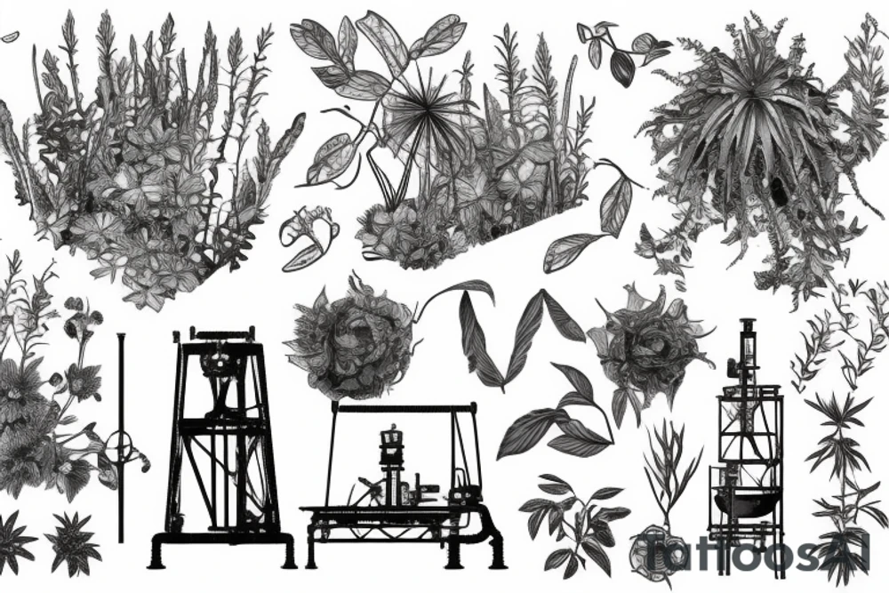 vintage oil well, overgrown and covered in plants, in the style of a vintage scientific drawing tattoo idea