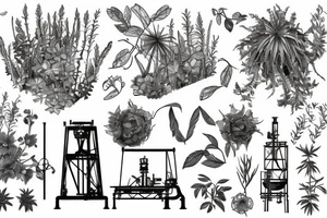 vintage oil well, overgrown and covered in plants, in the style of a vintage scientific drawing tattoo idea