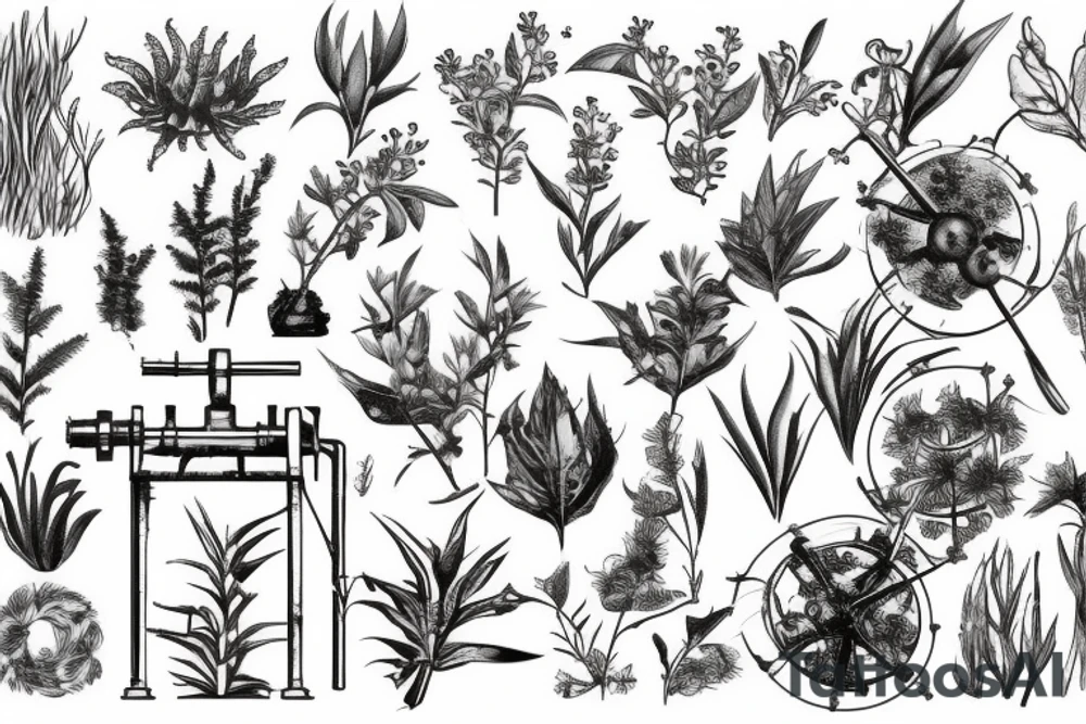 vintage oil well, overgrown and covered in plants, in the style of a vintage scientific drawing tattoo idea