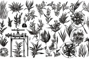 vintage oil well, overgrown and covered in plants, in the style of a vintage scientific drawing tattoo idea