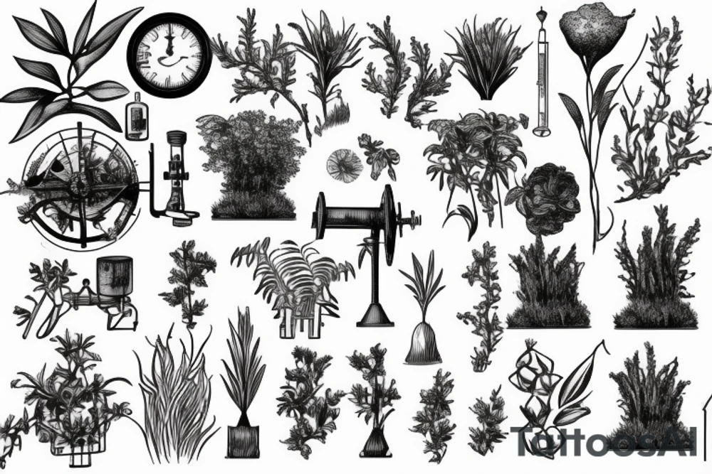vintage oil well, overgrown and covered in plants, in the style of a vintage scientific drawing tattoo idea