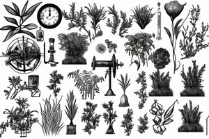 vintage oil well, overgrown and covered in plants, in the style of a vintage scientific drawing tattoo idea