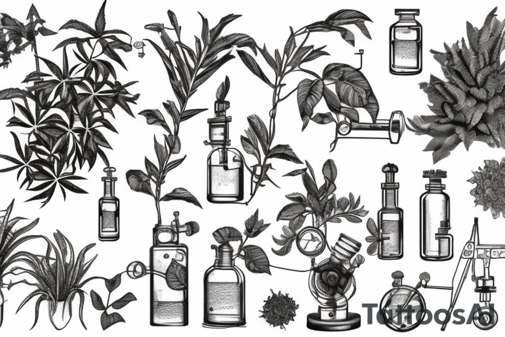 vintage oil well, overgrown and covered in plants, in the style of a vintage scientific drawing tattoo idea