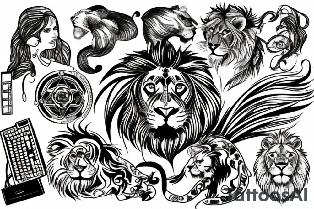 a computer on top of a lion tattoo idea