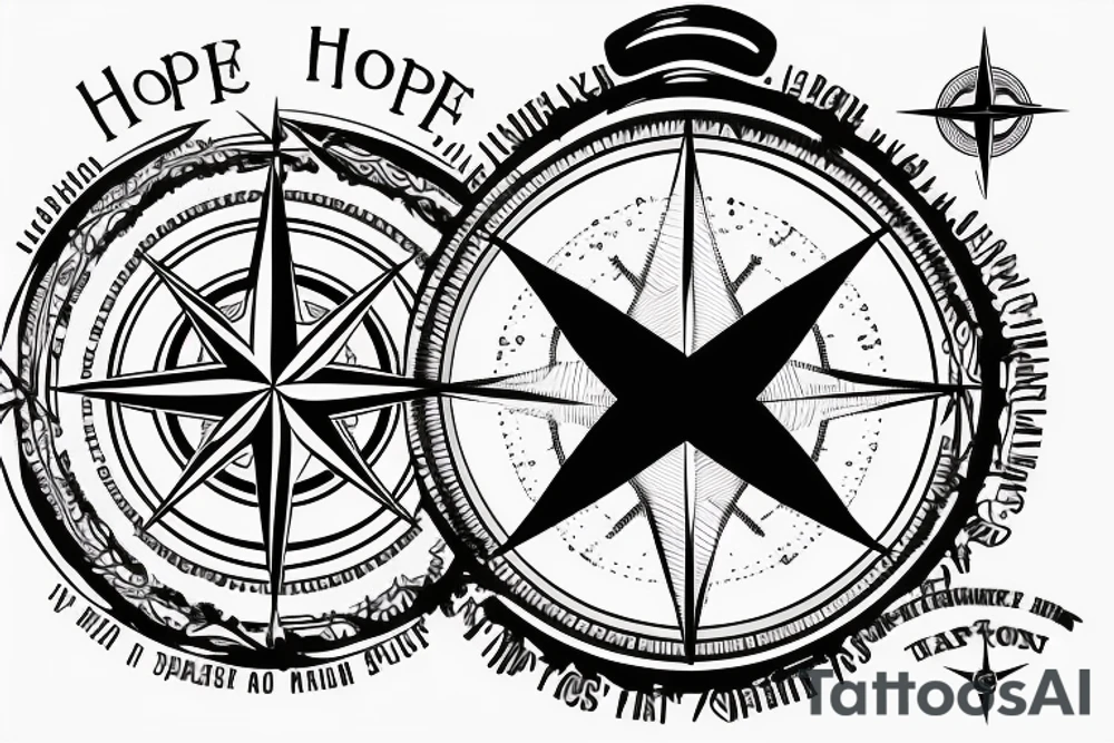 Compass with map around the phrase "hope is right in front of us" tattoo idea
