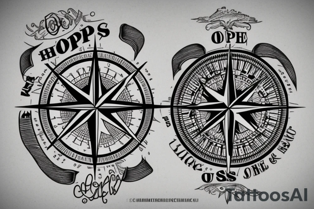 Compass with map around the phrase "hope is right in front of us" tattoo idea