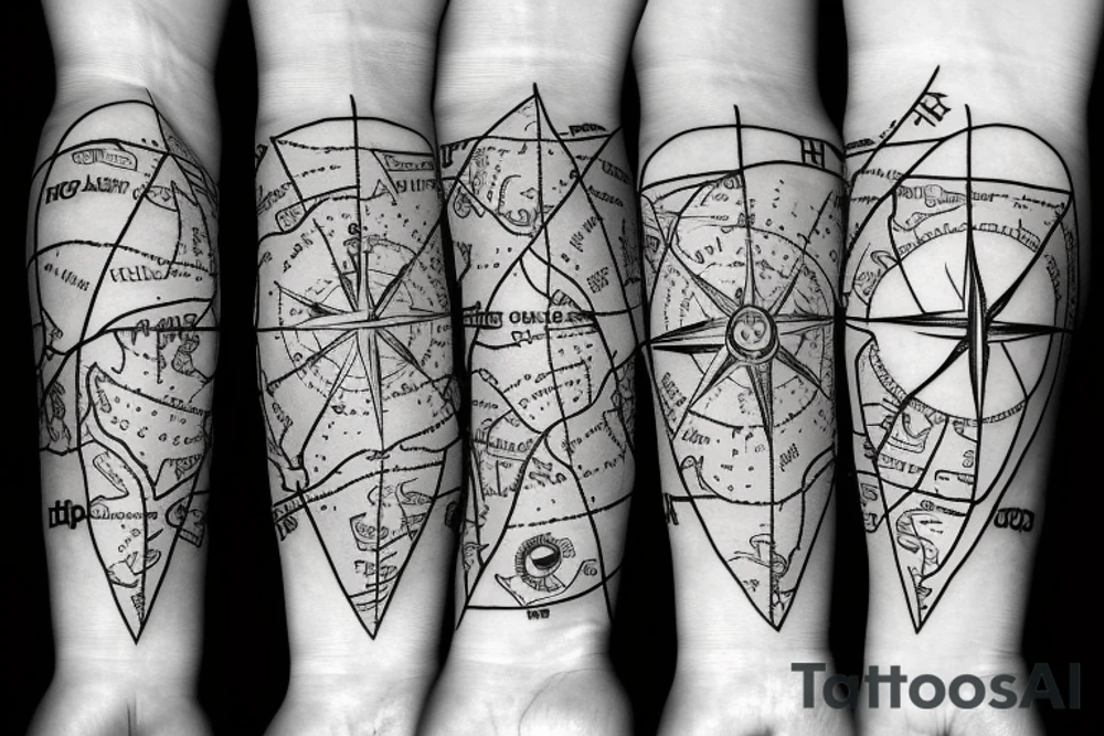 Half lower arm sleeve with a compass and map around the phrase "hope is right in front of us" tattoo idea