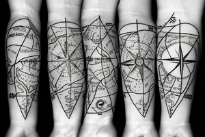 Half lower arm sleeve with a compass and map around the phrase "hope is right in front of us" tattoo idea