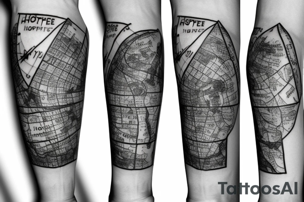 Half lower arm sleeve with a compass and map around the phrase "hope is right in front of us" tattoo idea