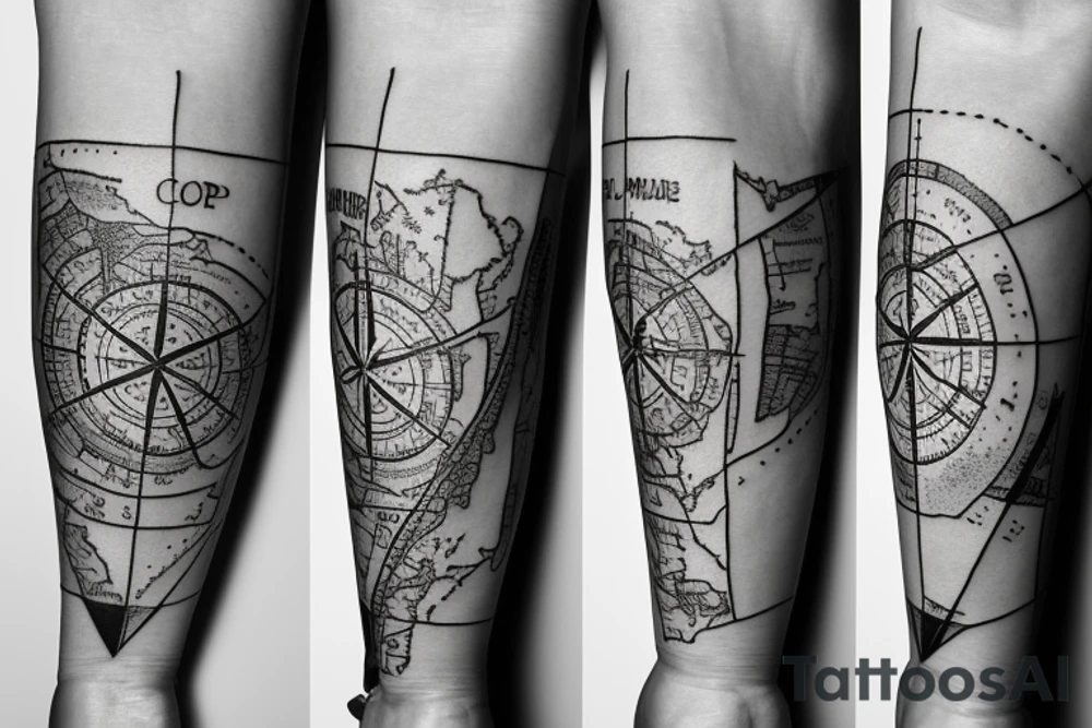 Half lower arm sleeve with a compass and map around the phrase "hope is right in front of us" tattoo idea