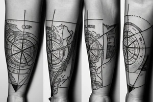 Half lower arm sleeve with a compass and map around the phrase "hope is right in front of us" tattoo idea