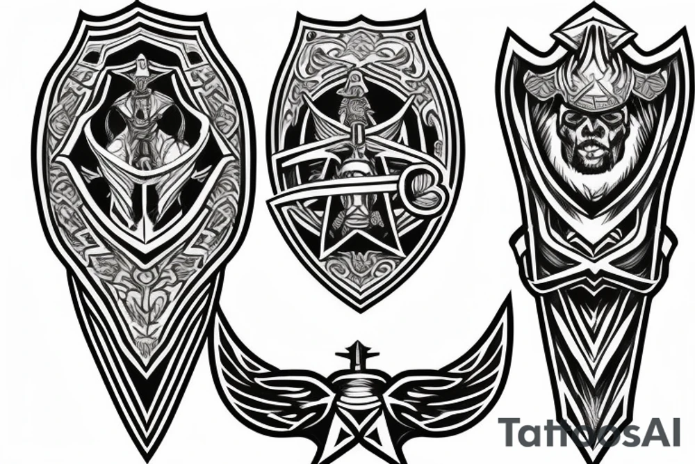 Gladiator with sword and shield, helmet, with lightning, and demons underfoot tattoo idea