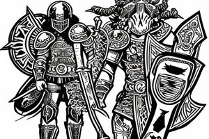 Gladiator with sword and shield, helmet, with lightning, and demons underfoot tattoo idea