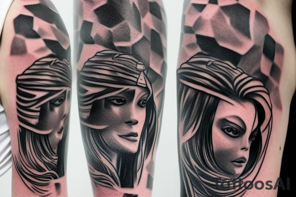 Samurai impiedoso e agressivo empunhando sua espada em posição de ataque de corpo inteiro com plano de fundo sombrio e uma lua escondida por nevoeiro tattoo idea