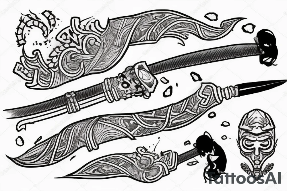 Samurai impiedoso e agressivo empunhando sua espada em posição de ataque de corpo inteiro com plano de fundo sombrio e uma lua escondida por nevoeiro tattoo idea