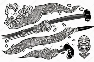 Samurai impiedoso e agressivo empunhando sua espada em posição de ataque de corpo inteiro com plano de fundo sombrio e uma lua escondida por nevoeiro tattoo idea