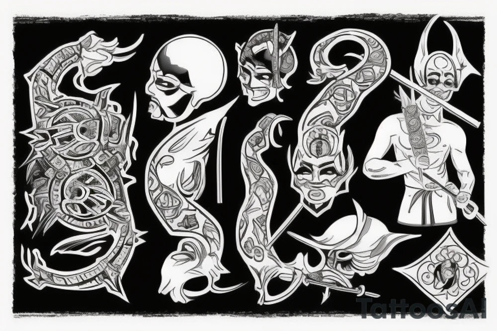 Samurai impiedoso e agressivo empunhando sua espada em posição de ataque de corpo inteiro com plano de fundo sombrio e uma lua escondida por nevoeiro tattoo idea