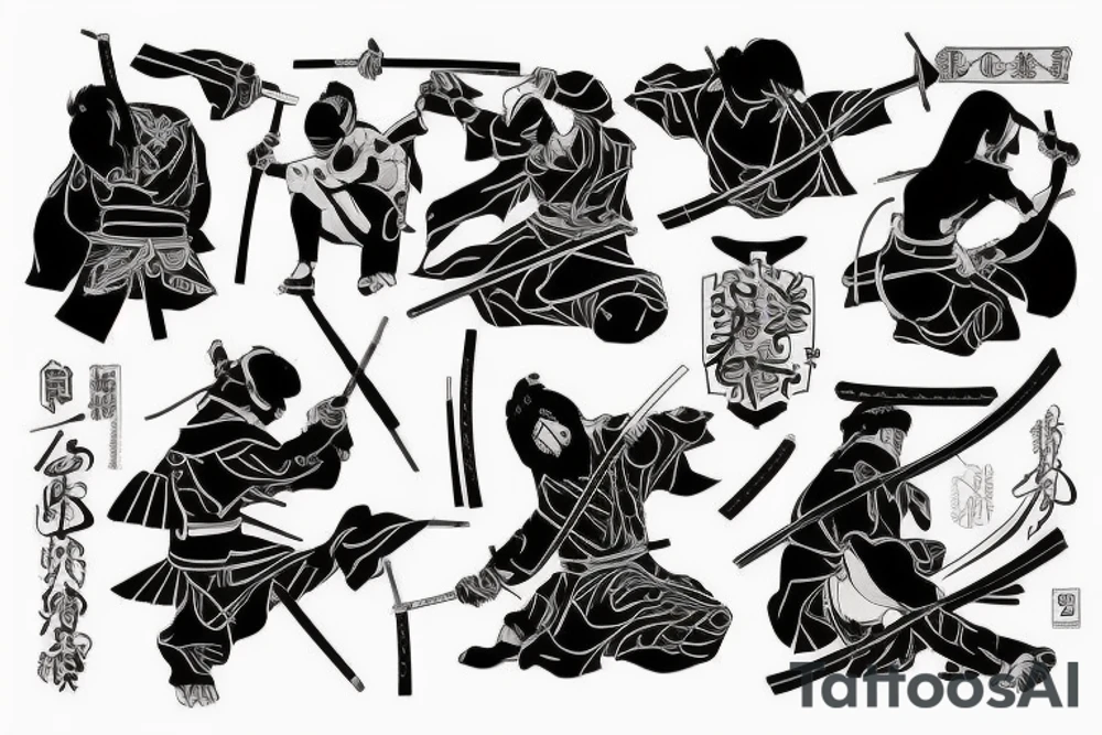 Samurai impiedoso e agressivo empunhando sua espada em posição de ataque de corpo inteiro com plano de fundo sombrio e uma lua escondida por nevoeiro tattoo idea