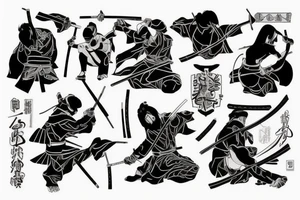 Samurai impiedoso e agressivo empunhando sua espada em posição de ataque de corpo inteiro com plano de fundo sombrio e uma lua escondida por nevoeiro tattoo idea