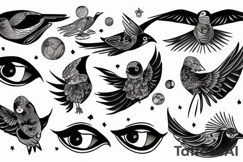 Space bird with extra eyes tattoo idea