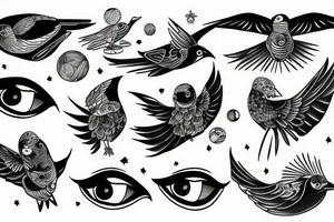 Space bird with extra eyes tattoo idea