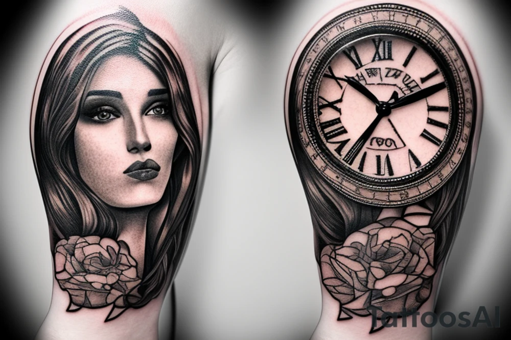 woman portrait with intricate detail, fantastical background 8k resolution, splash screen, roman numeral clock tattoo idea