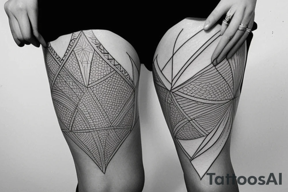 geometric detailed smooth shading thigh tattoo tattoo idea