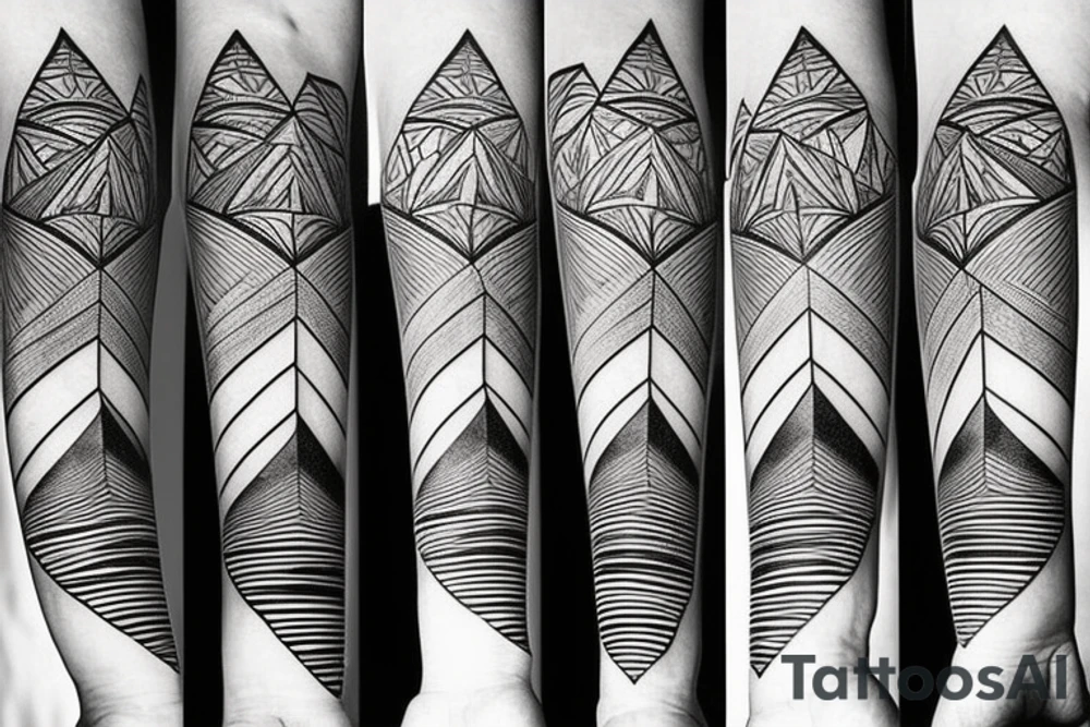 There are three geometric shapes. Inside one shape contains a sunny tropical beach. Shape two contains the desert. Shape three contains mountains and a forest with the moon. tattoo idea