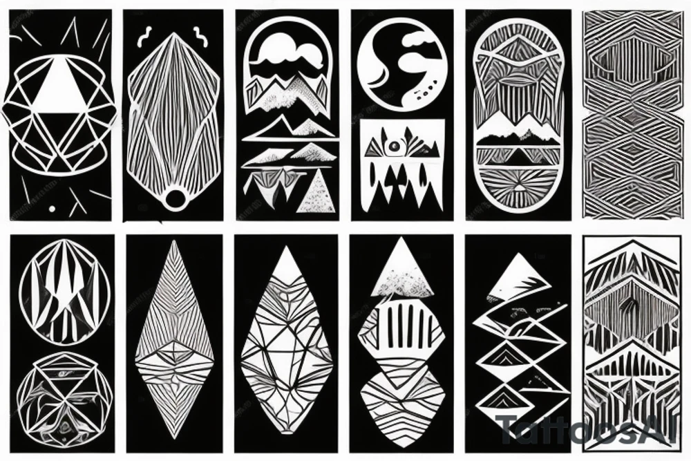 There are three geometric shapes. Inside one shape contains a sunny tropical beach. Shape two contains the desert. Shape three contains mountains and a forest with the moon. tattoo idea