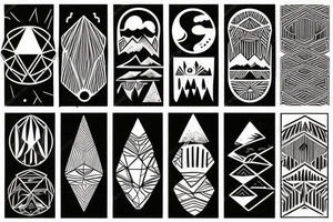There are three geometric shapes. Inside one shape contains a sunny tropical beach. Shape two contains the desert. Shape three contains mountains and a forest with the moon. tattoo idea