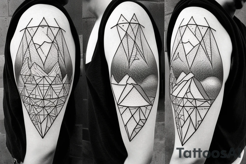 There are three geometric shapes. Inside one shape contains a sunny tropical beach. Shape two contains the desert. Shape three contains mountains and a forest with the moon. tattoo idea