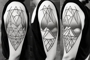 There are three geometric shapes. Inside one shape contains a sunny tropical beach. Shape two contains the desert. Shape three contains mountains and a forest with the moon. tattoo idea