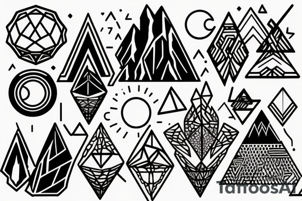 There are three geometric shapes. Inside one shape contains a sunny tropical beach. Shape two contains the desert. Shape three contains mountains and a forest with the moon. tattoo idea
