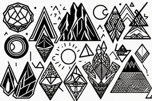 There are three geometric shapes. Inside one shape contains a sunny tropical beach. Shape two contains the desert. Shape three contains mountains and a forest with the moon. tattoo idea