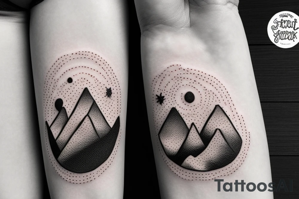 A sunny beach, a desert with some cactuses, and a mountain range at night. tattoo idea