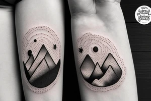 A sunny beach, a desert with some cactuses, and a mountain range at night. tattoo idea