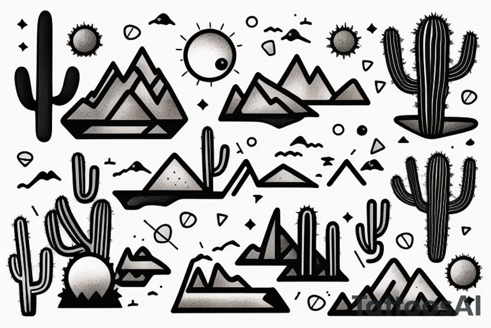 A sunny beach, a desert with some cactuses, and a mountain range at night. tattoo idea