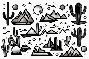 A sunny beach, a desert with some cactuses, and a mountain range at night. tattoo idea