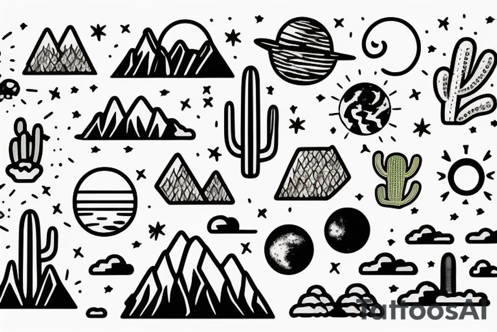 A sunny tropical beach, a desert with cacti, and mountains with a moon. tattoo idea