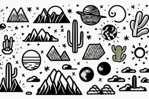 A sunny tropical beach, a desert with cacti, and mountains with a moon. tattoo idea