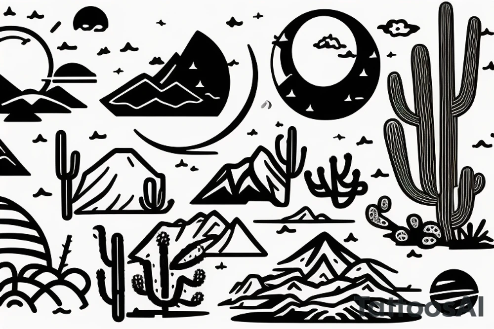 A sunny tropical beach, a desert with cacti, and mountains with a moon. tattoo idea