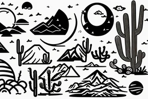 A sunny tropical beach, a desert with cacti, and mountains with a moon. tattoo idea