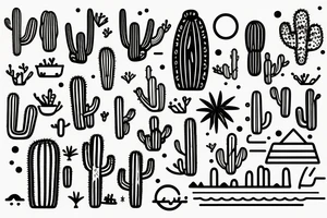 A sunny tropical beach, a desert with cacti, and mountains with a moon. tattoo idea