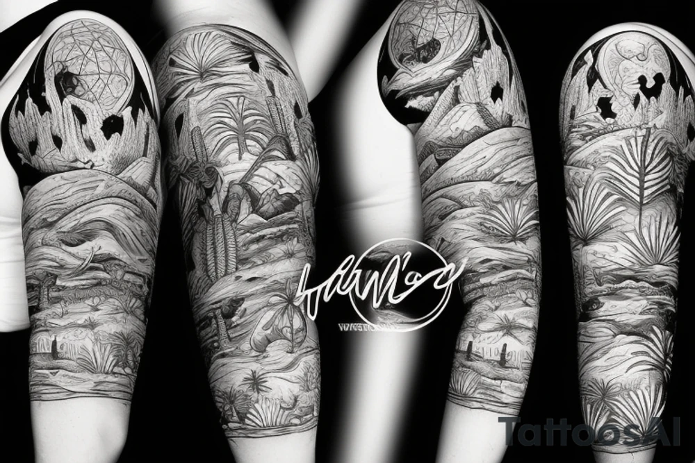 A sunny tropical beach, a desert with cacti, and mountains with a moon. tattoo idea